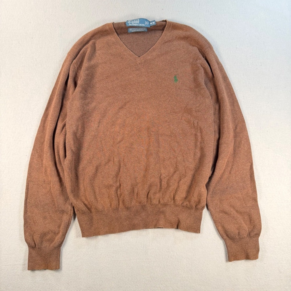 Polo Ralph Lauren Mens Medium Brown Pima Cotton V-Neck Sweater Green Pony Logo